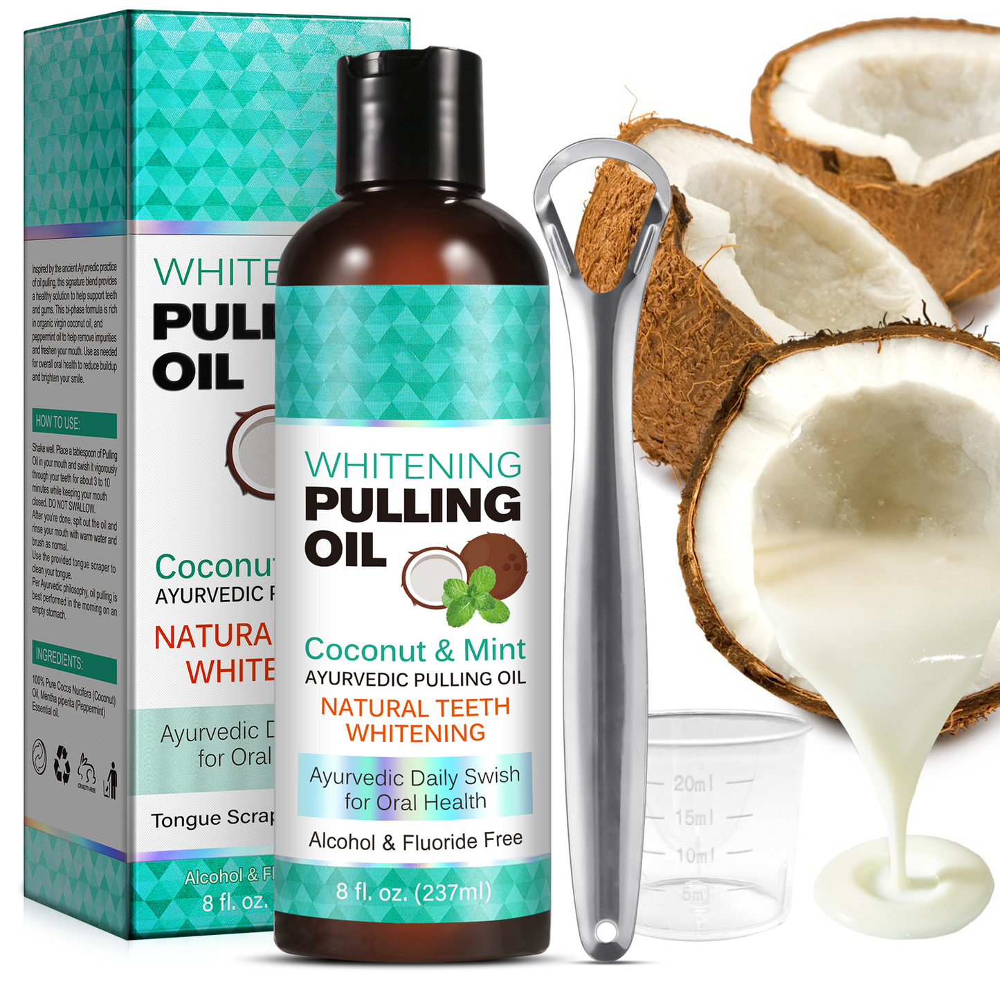 Coconut & Peppermint Oil Pulling Mouthwash with Tongue Scraper - Natural, Alcohol Free Mouthwash Clean Mint Supports Bone Gum Health, Fresh Breath & Teeth Whitening