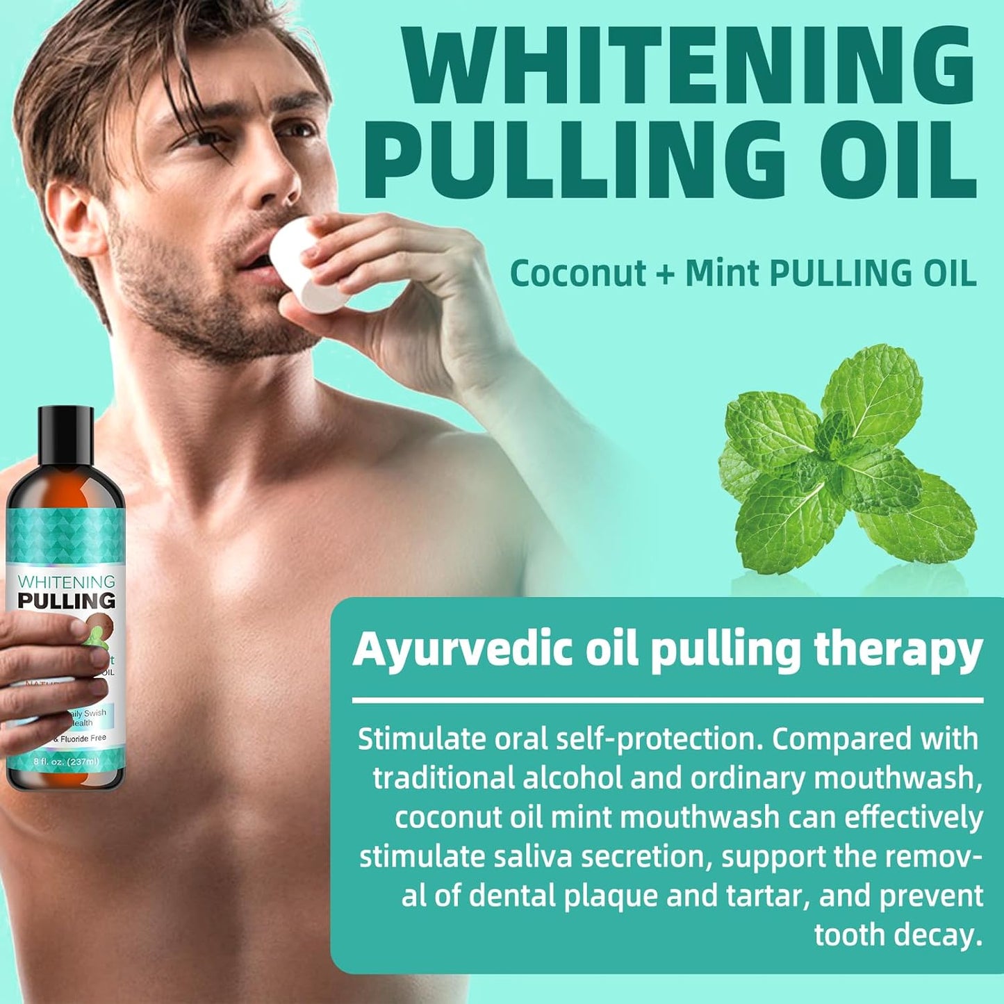 Coconut & Peppermint Oil Pulling Mouthwash with Tongue Scraper - Natural, Alcohol Free Mouthwash Clean Mint Supports Bone Gum Health, Fresh Breath & Teeth Whitening