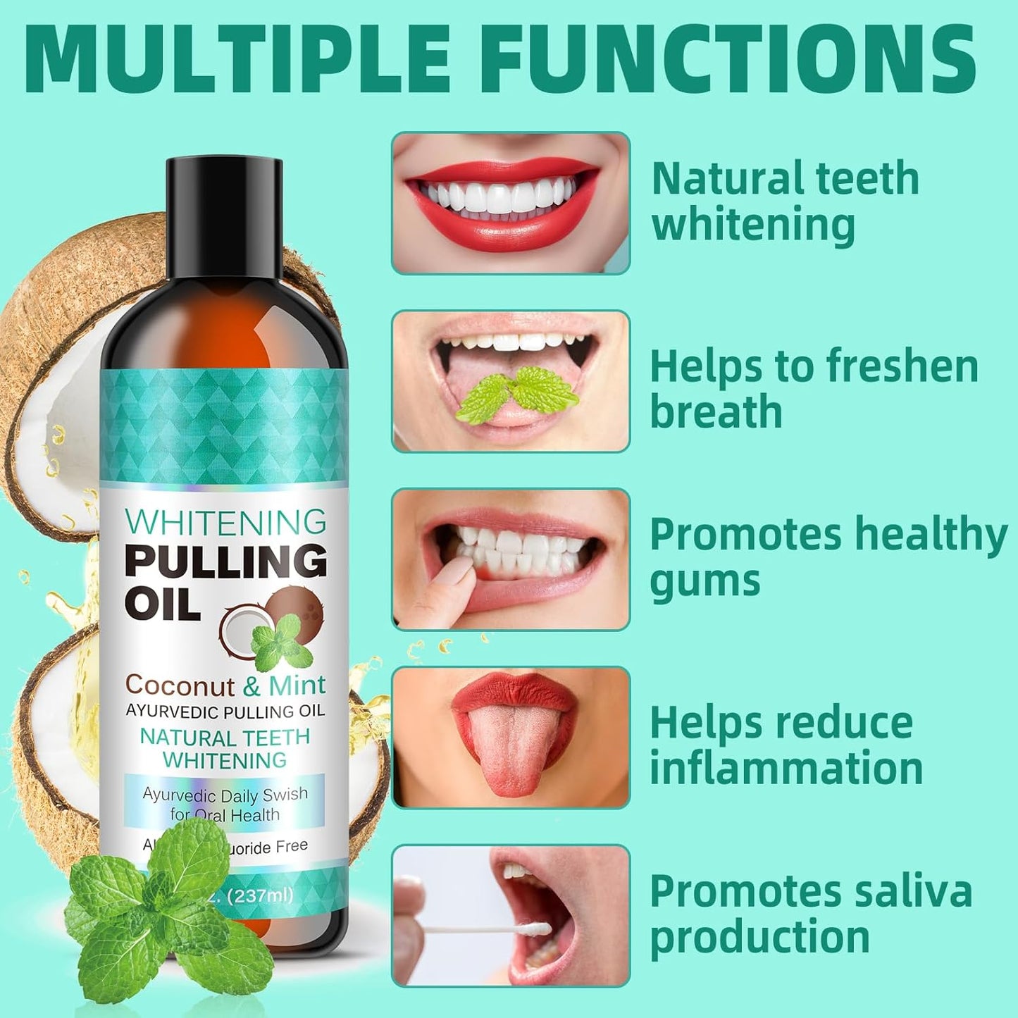 Coconut & Peppermint Oil Pulling Mouthwash with Tongue Scraper - Natural, Alcohol Free Mouthwash Clean Mint Supports Bone Gum Health, Fresh Breath & Teeth Whitening