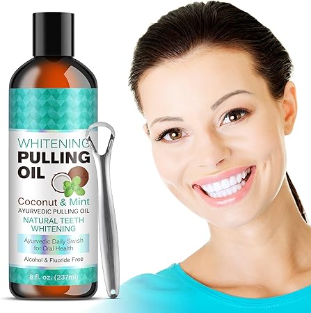 Coconut & Peppermint Oil Pulling Mouthwash with Tongue Scraper - Natural, Alcohol Free Mouthwash Clean Mint Supports Bone Gum Health, Fresh Breath & Teeth Whitening